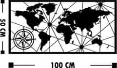 Hanah Home Nástenná kovová dekorácia Mapa sveta kompas 100x50 cm čierna