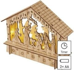 EMOS Drevený LED vianočný betlehem s časovačom Bethle 15 cm teplá biela