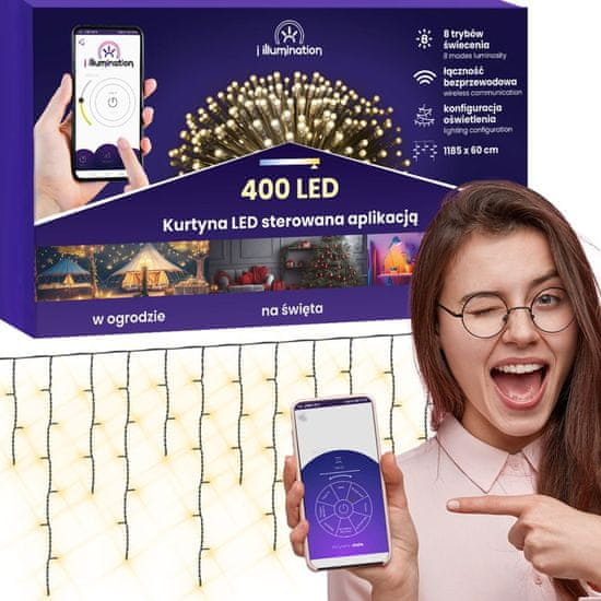 shumee 400 LED svetelný záves - teplá biela - riadená aplikáciou