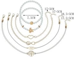 For Fun & Home Sada 6 náramkov Infinity Heart Tree, zlatá sivá, šperk z kovu + korálky + šnúrka, 15-18 cm + 5 cm predĺženie