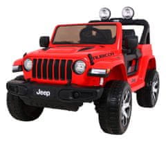 Lean-toys Jeep Wrangler Rubicon batéria pre deti Červená + diaľkové ovládanie + MP3 LED rádio + EVA kolesá