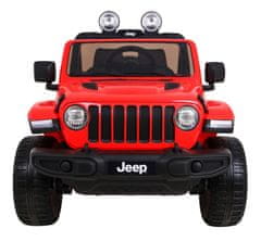 Lean-toys Jeep Wrangler Rubicon batéria pre deti Červená + diaľkové ovládanie + MP3 LED rádio + EVA kolesá