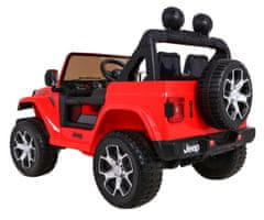 Lean-toys Jeep Wrangler Rubicon batéria pre deti Červená + diaľkové ovládanie + MP3 LED rádio + EVA kolesá