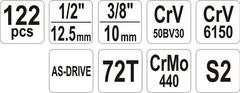 YATO Sada náradia s Golou 1/2" a 1/4", 122 dielov - YT-38901