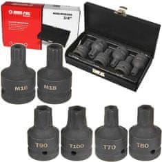 MAR-POL Sada úderových hlavíc TORX + SPLINE 3/4" T70, T80, T90, T100, M16, M18, 6-dielna