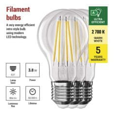 EMOS LED žiarovka Filament A60 A CLASS/ E27 / 3,8 W (60 W) / 806 lm / teplá biela