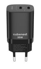 CubeNest S2D1 GaN Adaptér 35W čierna (2× USB-C až 35 W), PD, prepäťová a podpäťová ochrana, s technológiou GaN, pre iPhone