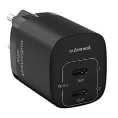 CubeNest S2D1 GaN Adaptér 35W čierna (2× USB-C až 35 W), PD, prepäťová a podpäťová ochrana, s technológiou GaN, pre iPhone