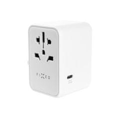 Adaptér FIXED Cestovný pre EU, UK a USA/AUS, s 3xUSB-C a 2xUSB výstupom, GaN, PD 65W, biely