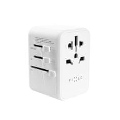 Adaptér FIXED Cestovný pre EU, UK a USA/AUS, s 3xUSB-C a 2xUSB výstupom, GaN, PD 65W, biely