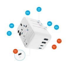 Adaptér FIXED Cestovný pre EU, UK a USA/AUS, s 3xUSB-C a 2xUSB výstupom, GaN, PD 65W, biely