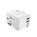 Adaptér FIXED Cestovný pre EU, UK a USA/AUS, s 3xUSB-C a 2xUSB výstupom, GaN, PD 65W, biely