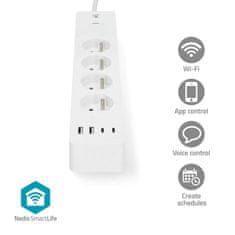 Nedis Wi-Fi šikovný predlžovací prívod / 3x zásuvka typu E / 16A / 2x USB-A / 2x USB-C / 2m / Android / iOS / biela