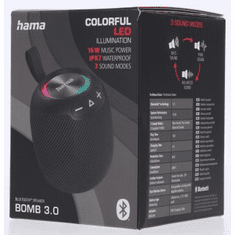 HAMA Bomb 3.0, Bluetooth reproduktor, 16 W, vodeodolný IPX7, LED podsvietenie, čierny