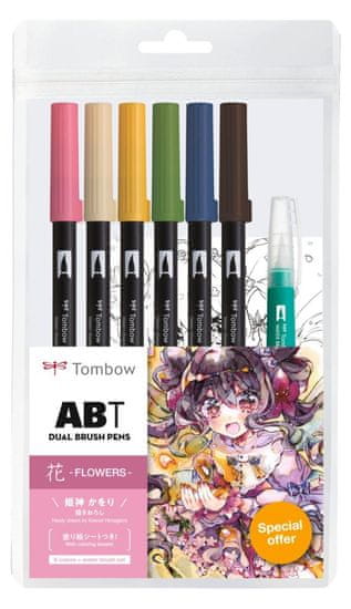 Tombow ABT sada obojstranných fixiek Manga Flower 6 ks + vodný štetec