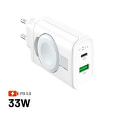 Nabíjačka FIXED Power Socket s USB-A a USB-C výstupom a vyklápacou nabíjačkou pre Apple Watch, 33W, biela, sieťová