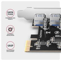 AXAGON PCEU-430RS, PCIe radič, 4x USB 5Gbps port, SATA napájanie, Renesas PD720201, SP