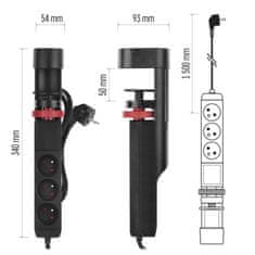 EMOS Predlžovací kábel 1,5 m/3 zásuvky/vypínač/stolný držiak/USB/čierny/PVC/1,5 mm2