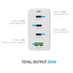 FIXED Nabíječka do sítě GaN 1xUSB, 3x USB-C PD, 100W - bílá