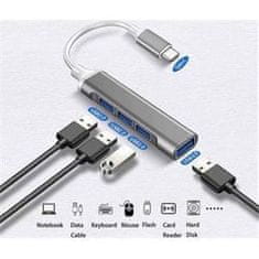 PremiumCord Hub USB-C na USB3.2 A + 3x USB2.0 A, hliníkové púzdro