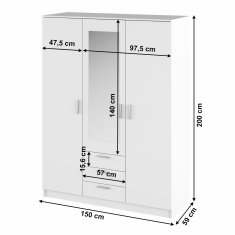 KONDELA Trojdverová šatníková skriňa so zrkadlom a zásuvkami Bargo - biela