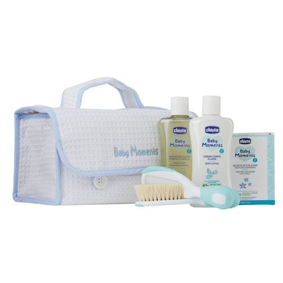 shumee Baby Moments Blue set čistiaci prostriedok 200ml + telový balzam 200ml + parfumovaná voda 100ml + kefa a hrebeň + kozmetická taštička