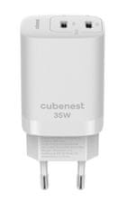 CubeNest S2D1 GaN Adaptér 35W biela (2× USB-C až 35 W), PD, prepäťová a podpäťová ochrana, s technológiou GaN, pre iPhone