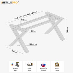 MetaloPro Belaga Extreme – Stolové kovové nohy v tvare X, práškový náter, robustný industriálny dizajn - 140x80x72cm