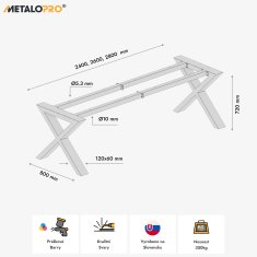 MetaloPro Belaga Extreme – Stolové kovové nohy v tvare X, práškový náter, robustný industriálny dizajn - 240x80x72cm