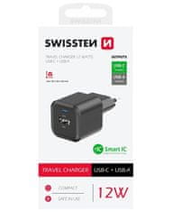 Swissten sieťový adaptér 12w 1x usb-c + 1x usb-a čierny