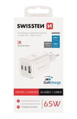 Swissten sieťový adaptér gan 2x USB-C 65w pd + 1x USB-A 18W QC biely