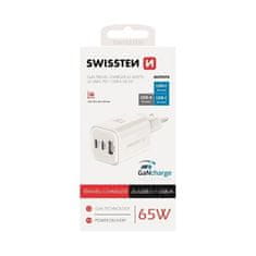 Swissten sieťový adaptér gan 2x USB-C 65w pd + 1x USB-A 18W QC biely