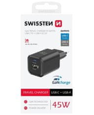 Swissten sieťový adaptér gan 1x usb-c 45w pd + 1x usb-a 18w qc čierny