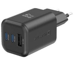 SWISSTEN sieťový adaptér gan 2x usb-c 65w pd + 1x usb-a 18w qc čierny