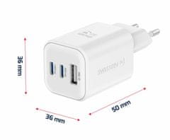 Swissten sieťový adaptér gan 2x USB-C 65w pd + 1x USB-A 18W QC biely