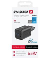 SWISSTEN sieťový adaptér gan 2x usb-c 65w pd + 1x usb-a 18w qc čierny