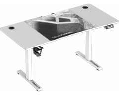 Ultradesk Herný stôl LEVEL V2 WHITE, 140x68cm, 72-117cm, elektricky nastavitelná výška, s XXL podložkou pod myš, držák sluchátek i nápoj (UDESK-LVA-WT)