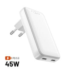 FIXED Sieťová GaN nabíjačka Slim s 2x USB-C výstupom a podporou PD, 45W, biela FIXCG45S-2C-WH