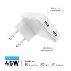 FIXED Sieťová GaN nabíjačka Slim s 2x USB-C výstupom a podporou PD, 45W, biela FIXCG45S-2C-WH