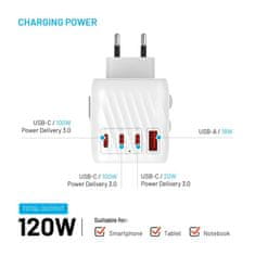 FIXED Cestovný adaptér Voyager 120W pre EÚ, UK a USA/AUS, s 3xUSB-C a 1xUSB výstupom, GaN, PD 120W, biely FIXCT120-3C1A-WH