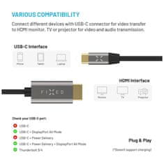 FIXED Video kábel s konektormi USB-C/HDMI, USB-C 3.1 Gen 2 18Gbps, HDMI 2.0 4K60Hz, 2m, sivý FIXHU-CHDMI-GR