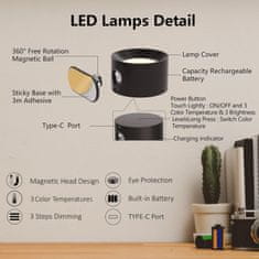 Netscroll LED nástenná čítacia lampa, dotyková, nastaviteľný jas v 3 stupňoch a farebné teploty, 360° magnetická rotácia, USB kábel a nabíjanie, prenosná lampa do spálne, kancelárie, skrine, StickLamp, čierna