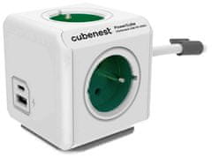 PowerCube Cubenest Extended USB PD 20W, A+C, 4× zásuvka, 1,5m, biela/zelená, detská poistka, uzemnenie, dok, 10A/250V