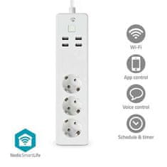 Nedis WIFIP312FWT - SmartLife Predlžovací Prívod| Wi-Fi | 3x Zásuvka typu F (CEE 7/3) / 4 x USB | 3680 W | 1.8m | Biela