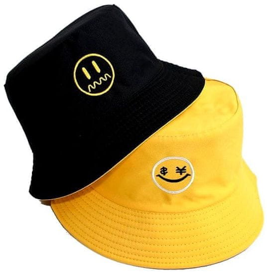 Camerazar Obojstranná rybárska čiapka BUCKET HAT, čierna/žltá s emotikonom, polyester/bavlna, univerzálna veľkosť 55-59 cm