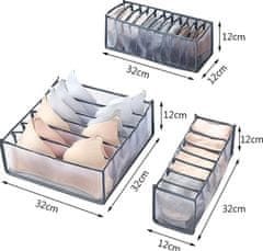 Camerazar Organizér na spodnú bielizeň do šatníka, 3 ks, sivý nylon, rozmery 32x12x12 cm a 32x32x12 cm