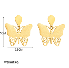 For Fun & Home Elegantné zlaté motýlie náušnice z chirurgickej ocele 316L, rozmery 3 x 2,8 cm, zapínanie na gombík