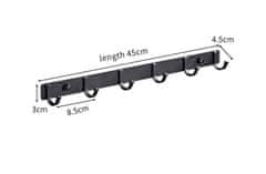 Camerazar Nástenný vešiak s háčikmi, nerezová oceľ s čiernou práškovou povrchovou úpravou, 45x3 cm