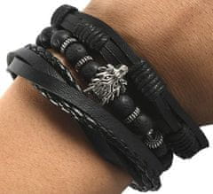 Camerazar Unisex sada 3 náramkov Punk Black Wolf, čierna a hnedá farba, koža a šnúra, obvod 15,5-16,5 cm