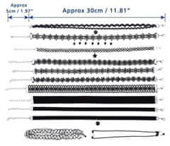 Camerazar Súprava 12 čipkových náhrdelníkov v čiernej farbe s nastaviteľnou dĺžkou a striebornými a zlatými nadstavcami